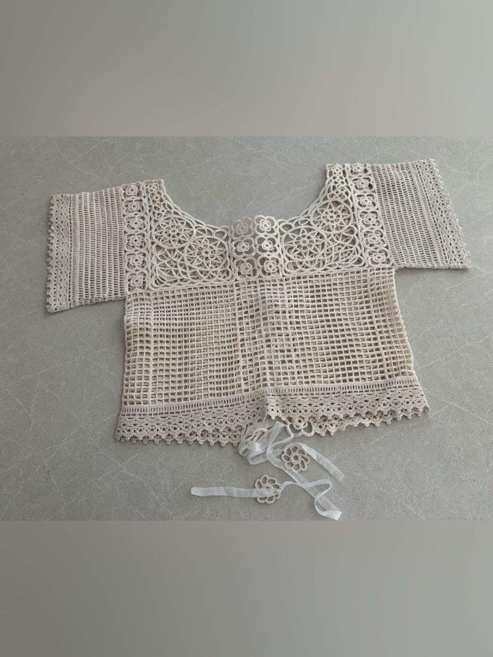 Vintage Crochet Floral Lace Top Square Neck Top Beige Cream Handmade Size Small